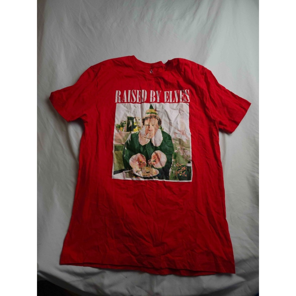 Elf Movie Raised by Elves Graphic T-Shirt Mens Medium Red Short Sleeve Casual